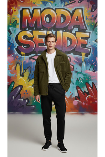 modasende Men's Pocket Detailed Plush Shirt and Tracksuit Combination, Top and Bottom