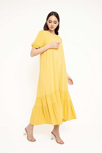 Nichii Women's Solid Midi Dress with Pleats and Short Sleeves