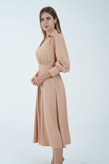 Nichii Women's Plain Midi Dress with Long Sleeves and Fitted Waist