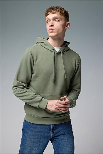 VENA Erkek Kapüşonlu Basic Pamuklu Hoodie Sweatshirt-Haki
