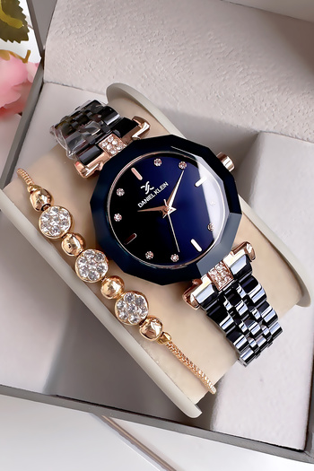 Daniel Klein Rhinestone Cutout Glass Waterproof Women Wristwatch Navy Blue Color Steel Band Gift Bracelet Dkby2038C5