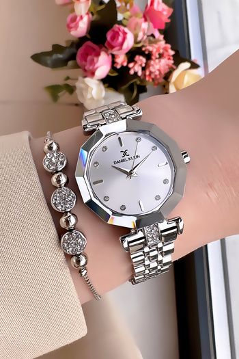 Daniel Klein Rhinestone Cutting Glass Waterproof Women Wristwatch Silver Color Steel Band Gift Bangle Dkby2038C4