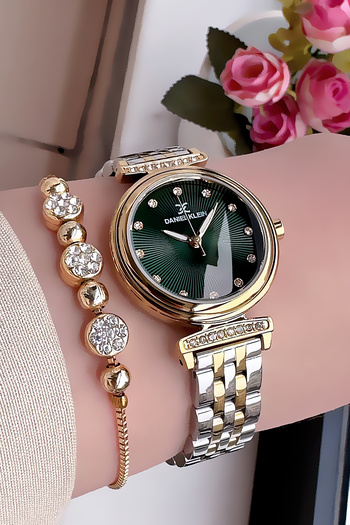Daniel Klein Women's Wristwatch - Gold Silver Green Steel Band Waterproof Rhinestone Case Gift Bracelet