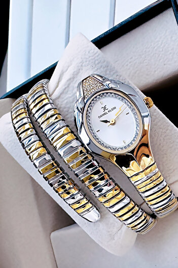 Daniel Klein Snake Model Women's Wrist Watch, Waterproof Gold Gumus Steel Band - Bracelet Gift Dkby2045C3
