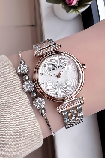 Daniel Klein Women's Rose Silver Color Wristwatch - Gift Bracelet Dkby2036C5