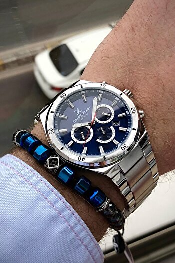 Daniel Klein Men's Wristwatch 3 Atm Waterproof Silver Color Steel Strap Natural Stone Bracelet