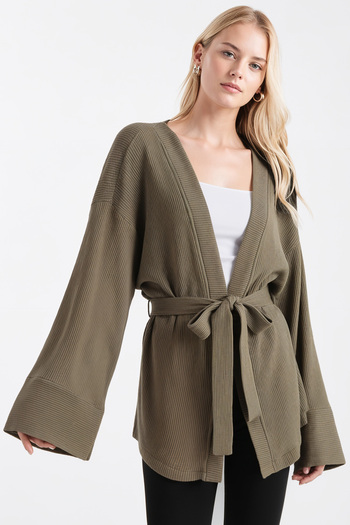 armonika Women's Khaki Belted Knitwear Kimono Arm-26K001011