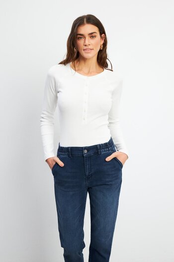 VENA Women's Basic Long Sleeve Placket T-Shirt-Ivory