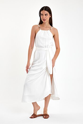 VENA Marmaris Beaded Strap Satin Dress-Ivory