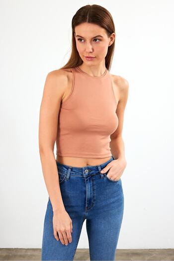 VENA Σαντρά Χαλτέρ Μπλουζάκι Crop Top-Καφέ Γαλακτώδες