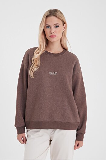 VENA Cindy Logo Printed Crew Neck Raised Sweatshirt-Brown