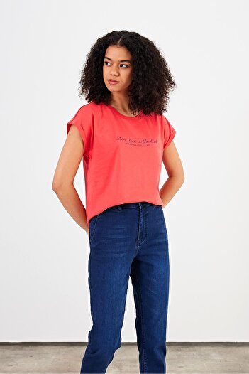 VENA Μπλουζάκι με στάμπα με λαιμόκοψη Shine Regular Fit-Κοραλί