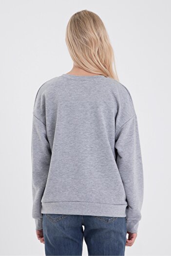 VENA Kadın Bisiklet Yaka Logo Baskılı Pamuklu Sweatshirt-Gri Melanj