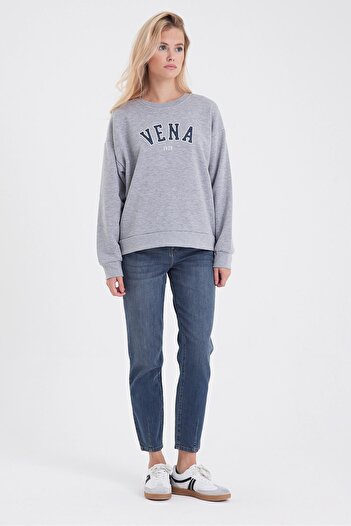 VENA Kadın Bisiklet Yaka Logo Baskılı Pamuklu Sweatshirt-Gri Melanj