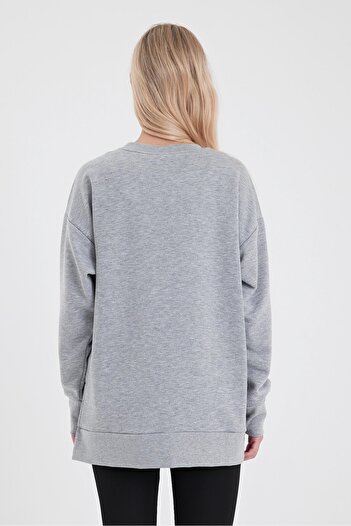VENA Bisiklet Yaka Yanı Yırtmaçlı Regular Fit 3 İplik Sweatshirt-Gri Melanj