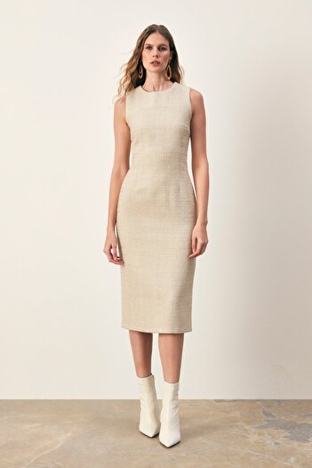 Sateen Rochie lungă din tweed fără mâneci - bej