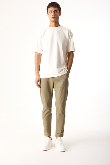 VENA Regular Fit Elastic Waist Technical Trousers-Beige