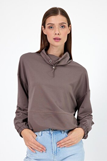 VENA Norah Collar Detailed Regular Fit Sweatshirt-Mink