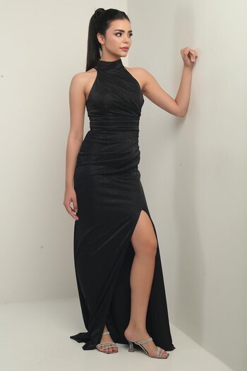 By Saygı Women's Neckline Gathered Front Glitter Lined Dress