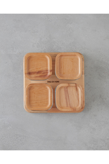 English Home Pico Glass with Wooden Lid, 4 Compartments for Breakfast, 21X21 Cm, Transparent