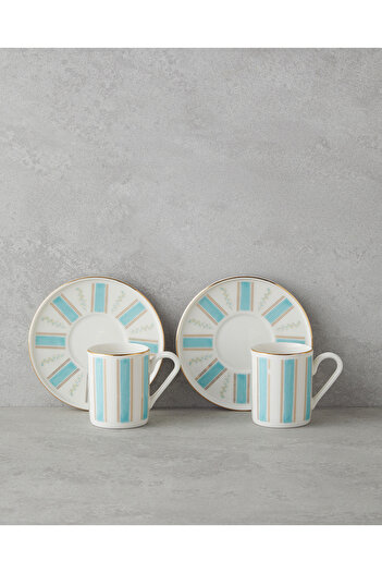 English Home Serenade Bone Porcelain 4 Piece Coffee Cup Set for 2 People 90 ml Blue Gold