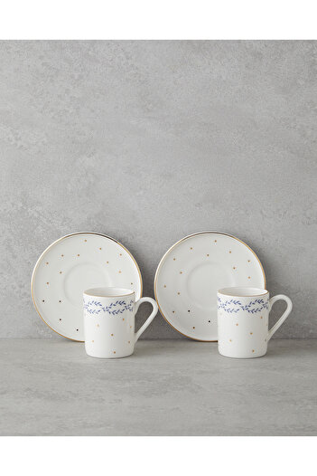 English Home Blossia Bone Porcelain 4 Piece Coffee Cup Set for 2 People 90 ml Blue Gold