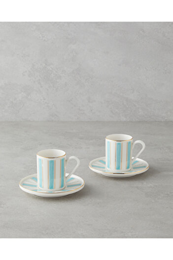 English Home Serenade Bone Porcelain 4 Piece Coffee Cup Set for 2 People 90 ml Blue Gold