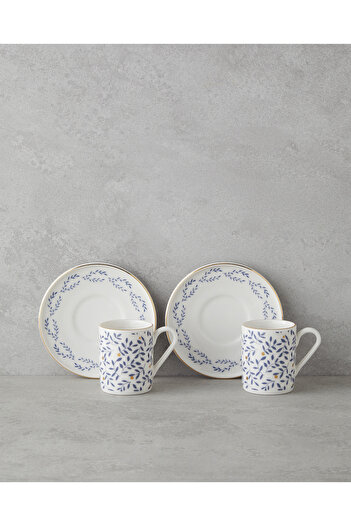English Home Elyra Bone Porcelain 4 Piece Coffee Cup Set for 2 People 90 ml Blue Gold