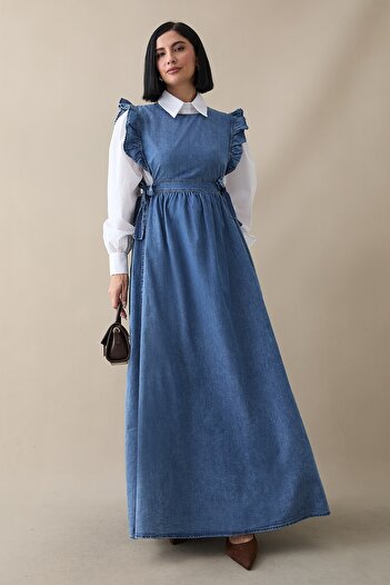 InStyle Φόρεμα Frida Blue Denim Gilet - Βολάν ώμου