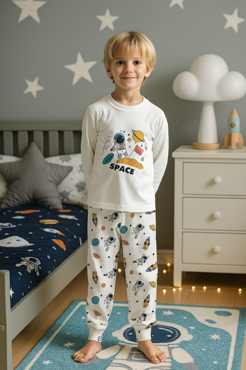 elmas kids Boy's 100% Cotton Astronaut Patterned Pajama Set