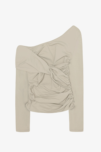 Quzu Drapeli Asymmetric Knotted Blouse Beige