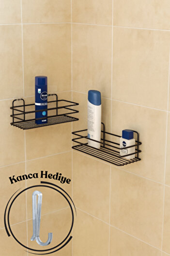 MultiStore 2 Pieces Bathroom Organizer - Adhesiveness, Shampoo Holder, Soap Dish Mat, Black Shower Hanger Rack