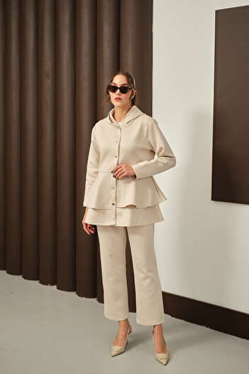 LOCCO Cream Colored Women's Double Set - Goal Button Detailed