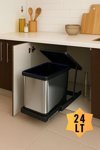 almital mobilya aksesuarları furniture accessories Cassone Inside-Cabinet Telescopic Rail Stainless Chrome Trash Can 24 Liters, Minimum Lid Width 40 cm