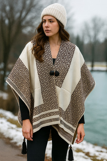 Onur Straw Patterned Knitwear Poncho - Thick Winter New Product with Buttons and Comfortable to Use