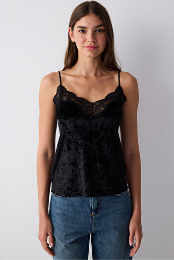 Penti Black Velvet Thin Strap Lace Detailed Tank Top