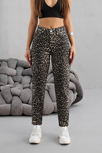 BİKELİFE Kadın Leopar Desen Esnek/LikralıYüksek Bel Mom Pantolon