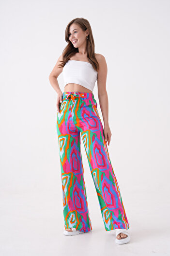 MAMAYAGA Women's High Waist Belted Patterned 100% Viscose Cotton Wide Leg Stylish Casual Large Size Curve Pants