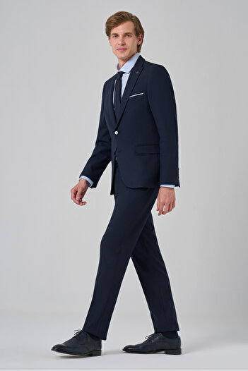 Morven Чоловічий темно-синій базовий прямий костюм Slim Fit (СОРОЧКА, ГАЛСТУК У ПОДАРУНОК)