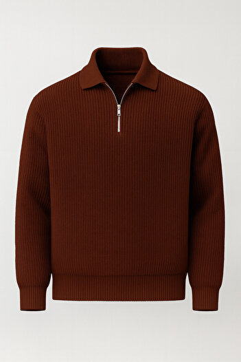 Valiberta Gibson Oversize Half Zip Shirt Polo Neck Thessaloniki Knitted Men's Knitwear Sweater - Brown