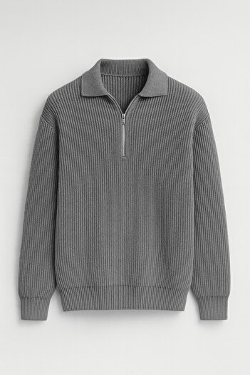 Valiberta Gibson Oversize Half Zip Shirt Polo Neck Thessaloniki Knitted Men's Knitwear Sweater - Smoked