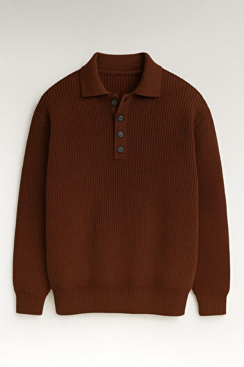 Valiberta Oversize Thessaloniki Knitted 4 Button Half Placket Comfortable Fit Men's Knitwear Sweater - Brown