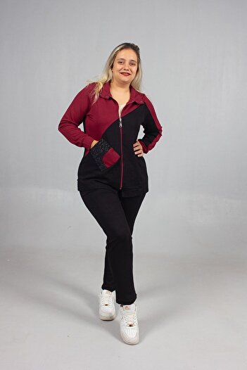 Truva XXL Stone Detailed Elegance! Plus Size Tracksuit Set Black & Burgundy