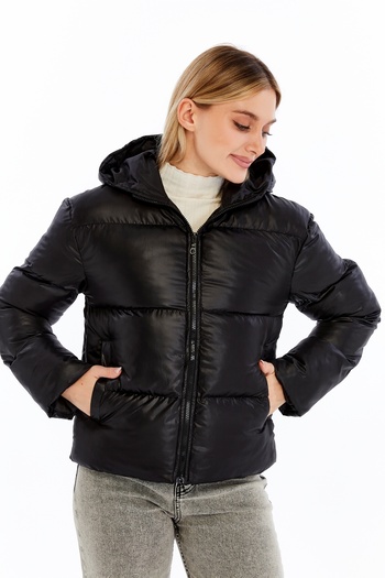 sehatex Women's Black Hooded Zippered Padding Coat