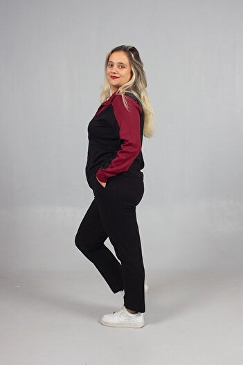 Truva XXL Stone Detailed Elegance! Plus Size Tracksuit Set Black & Burgundy
