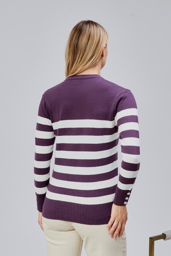 Jinx Wear Fashion Striped Wool Women's Trendy Knitwear Sweater with Collar and Cuff Button Detail