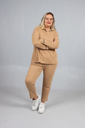 Truva XXL Stone Sparkle Hooded Oversized Tracksuit Set Brown