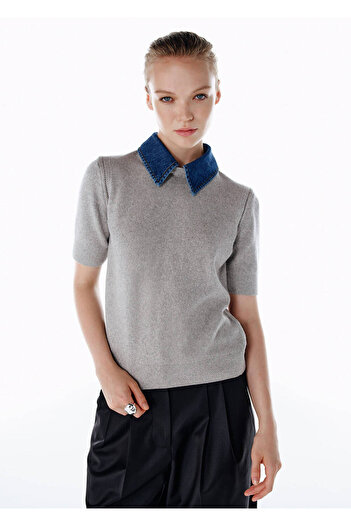 Knitss Denim Collar Detailed Knit Top Light Gray