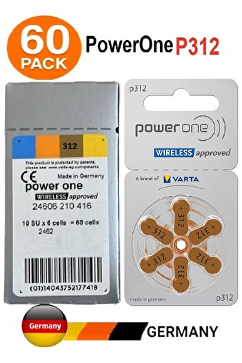 powerone Hearing Aid Batteries (P312) - 60 pieces, 1.45 volts, mercury-free, original German