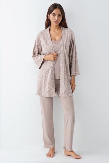 Pierre Cardin Women's Mink Color 3-Piece Pajama Set with Dressing Gown and Lace Detail